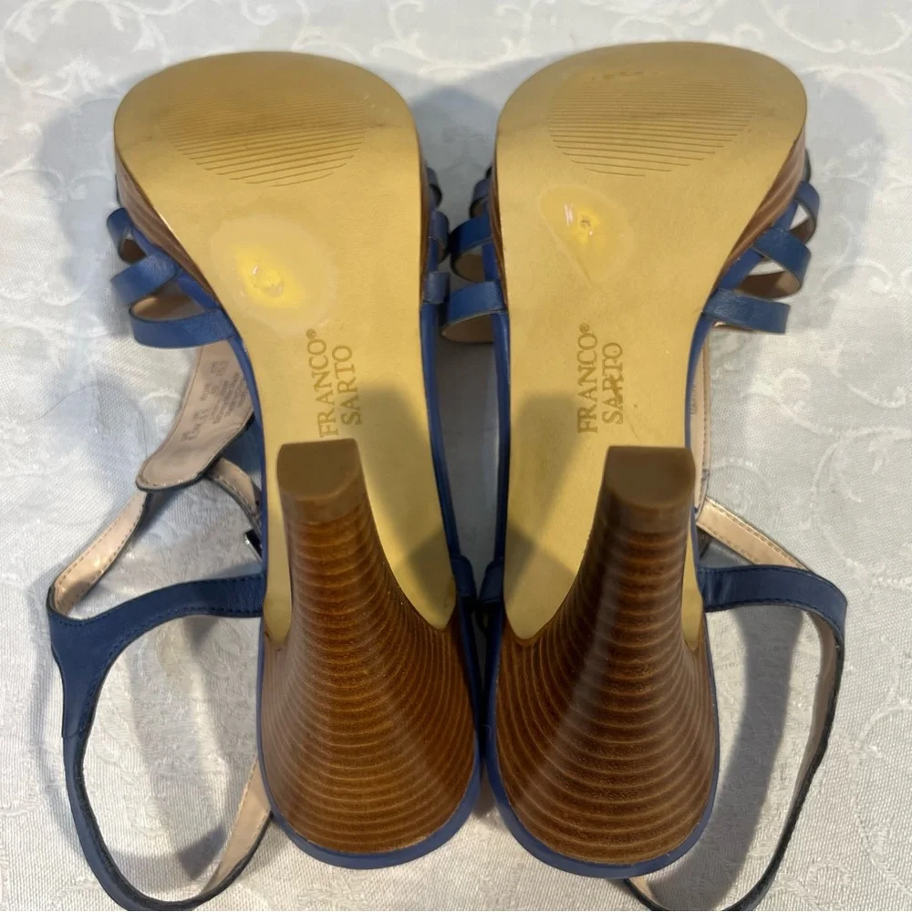 Franco Sarto Sandals Blue Leather Woven Strappy 4” Heels Buckle Closure 8.5👍